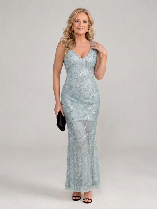 Sirea | Sequin Sleeveless Sheer Panel Midi Dress